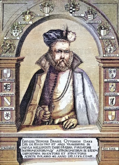 Tycho Brahe, 1546, until 1601, Danish astronomer and alchemist after an engraving by Gheyn, late 17th century, from Science and Literature in the Middle Ages, by Paul Lacroix, published in London 1878, coloured, digital reproduction of a historical original