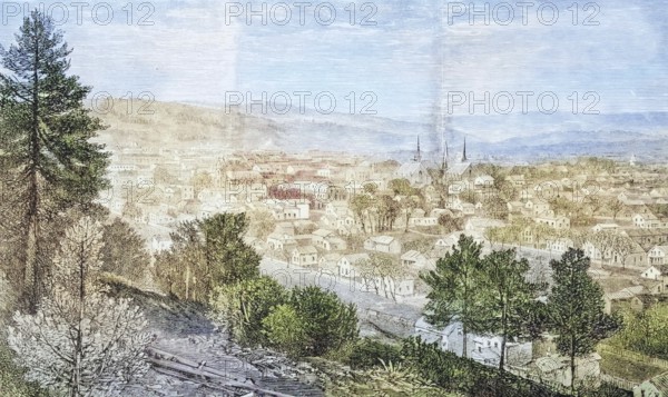 Ithaca and Cornell University, New York State, c. 1870, America, digital reproduction from American Pictures, drawn in pen and pencil, coloured, by Samuel Manning, published c. 1880, Historical