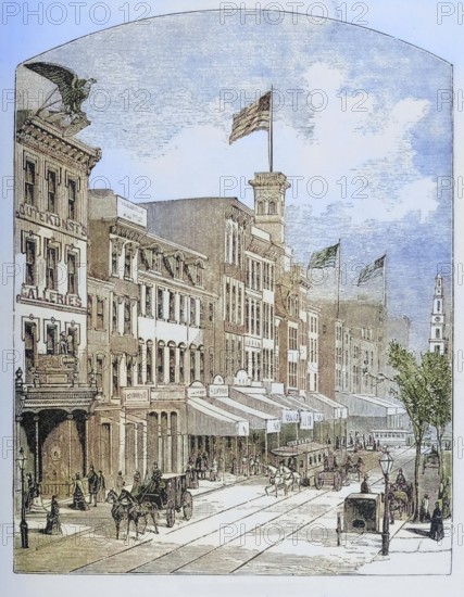 Arch Street, Philadelphia, Pennsylvania, c. 1870, America, digital reproduction from American Pictures, drawn in pen and pencil, coloured, by Samuel Manning, published c. 1880, Historical