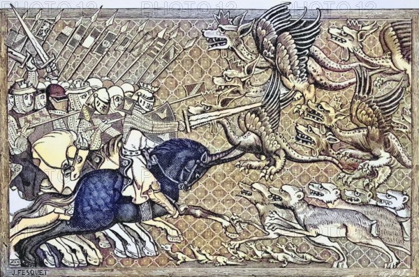How Alexander fought the dragons and a species of animal called the Scorpion. After a miniature from the 13th century. From Science and Literature in the Middle Ages by Paul Lacroix, published in London in 1878, coloured, digital reproduction of a historical original