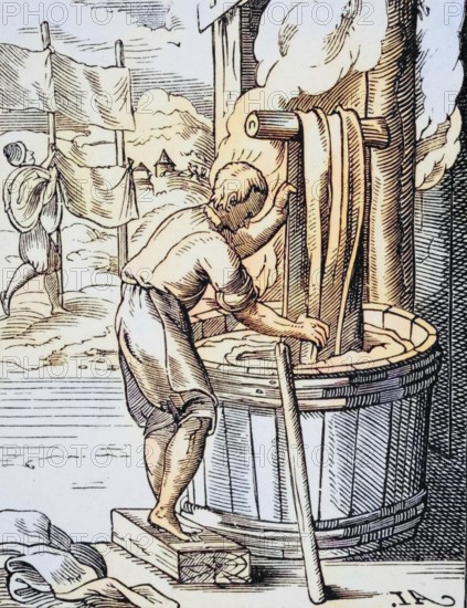 Dyer, fabric dyer, reproduction of a woodcut from the 16th century by Jost Amman from the 19th century, coloured, digital reproduction of a historical model