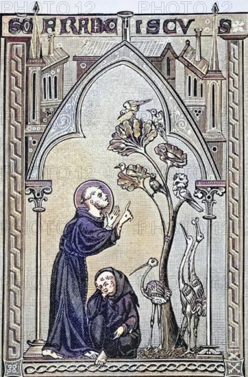 St Francis of Assisi, in conversation with the birds. After a miniature from the 13th century, Psalter. From Science and Literature in the Middle Ages by Paul Lacroix, published in London 1878, coloured, digital reproduction of a historical original