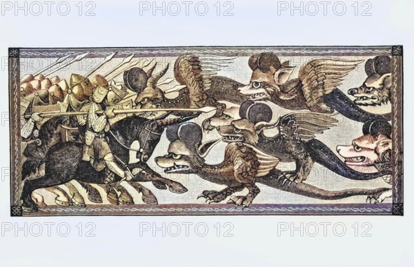 How Alexander fought the dragons with sheep horns on his forehead. From Science and Literature in the Middle Ages by Paul Lacroix. Published in London in 1878, coloured, digital reproduction of a historical original