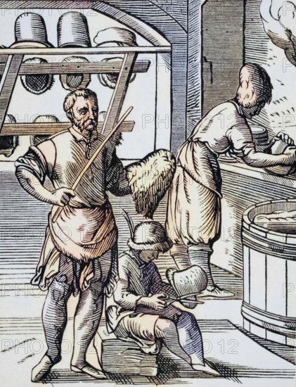 Hatter. Reproduction of a woodcut from the 16th century by Jost Amman from the 19th century, coloured, digital reproduction of a historical original