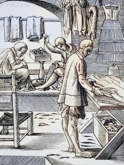 Tailor. Reproduction of a woodcut from the 16th century by Jost Amman from the 19th century, coloured, digital reproduction of a historical original
