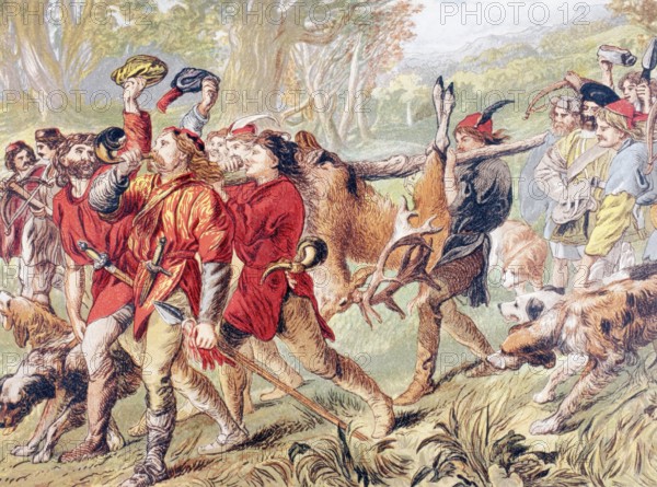 Jaques speaks in As You Like It, Act IV, Scene II, by William Shakespeare. What shall he have that killed the stag? Drawn by Sir John Gilbert. From the Illustrated Library Shakespeare, published in London 1890, digital reproduction of a historical original