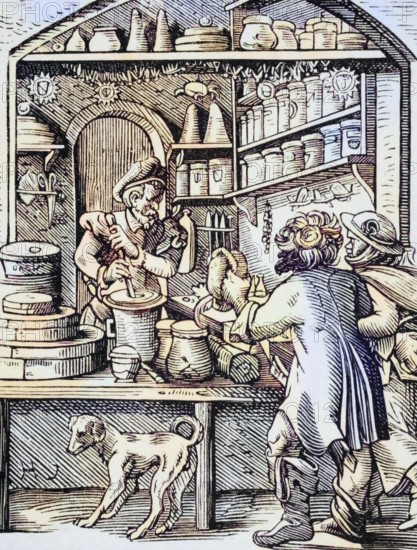 The apothecary. Reproduction of a woodcut from the 16th century by Jost Amman from the 19th century, coloured, digital reproduction of a historical original