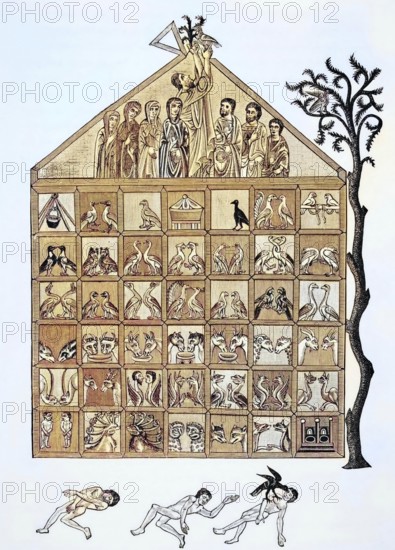 Cross-section of Noah's Ark from a 12th century manuscript commenting on the Apocalypse from science and literature in the Middle Ages, by Paul Lacroix, published in London in 1878, coloured, digital reproduction of a historical original