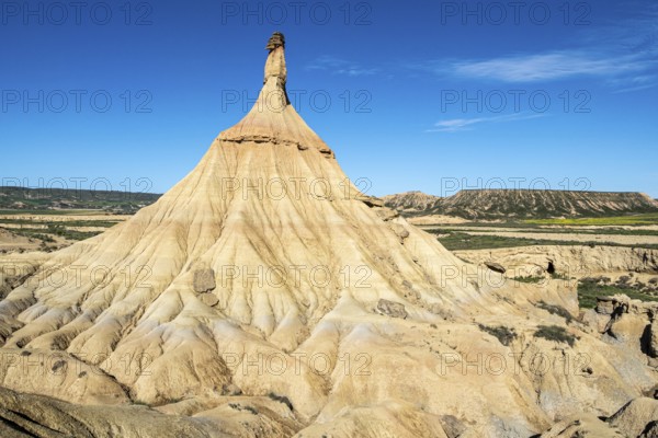Castildetierra rock formation, semi-desert, Bardena Blanca area, Bardenas Reales Nature Park, Navarre, Spain