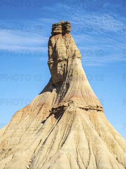 Castildetierra rock formation, semi-desert, Bardena Blanca area, Bardenas Reales Nature Park, Navarre, Spain
