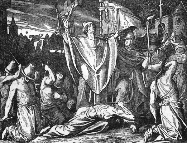 Medieval Flagellants, radicals of the Catholic Church movement in the 13th and 14th centuries, digital reproduction of a historical model