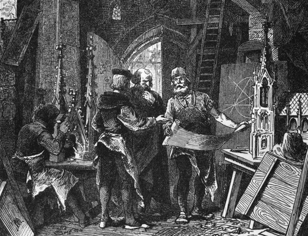 Architects and craftsmen designing a new cathedral, 12th century, digital reproduction of a historical model