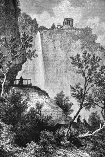 Ruins and waterfall near Tibur or Tivoli, Lazio, Italy, digital reproduction of a historical model