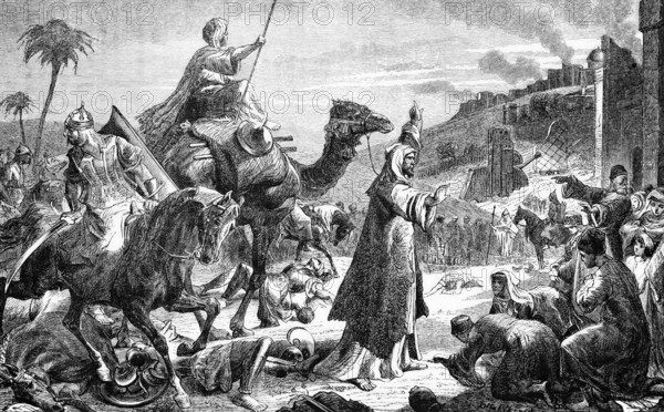 In 638 AD, after the siege of Jerusalem, the Caliph Omar Ibn Al-Khattab and Safforonius, the Patriarch of Jerusalem, signed Al-Uhda Al-'omariyya (the Umariyya Pact), an agreement that established the rights and duties of all non-Muslims in Palestine., digital reproduction of a historical original