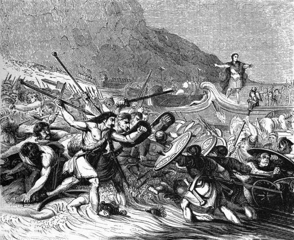 The invasion of Britain by Julius Caesar in 55 BC in Kent in south-east England, digital reproduction of a historical model