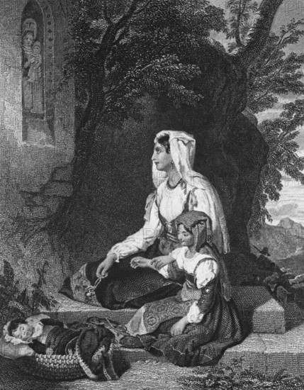 An illustration for The Shrine by B Orme A love story in the Sabine Mountains, Italy, digital reproduction of a historical model