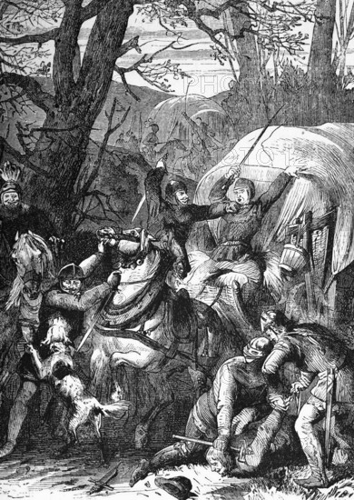 Medieval robber barons attack a trading caravan in the 12th century, digital reproduction of a historical model