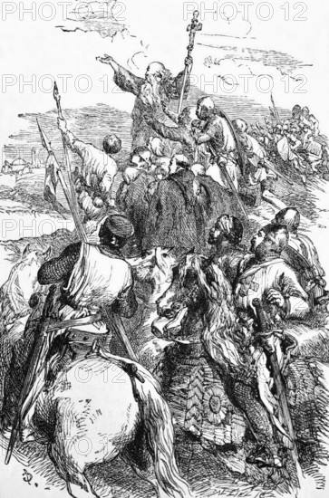 Crusaders arrive within sight of Jerusalem during the Second Crusade from 1147 to 1149 AD, digital reproduction of a historical model