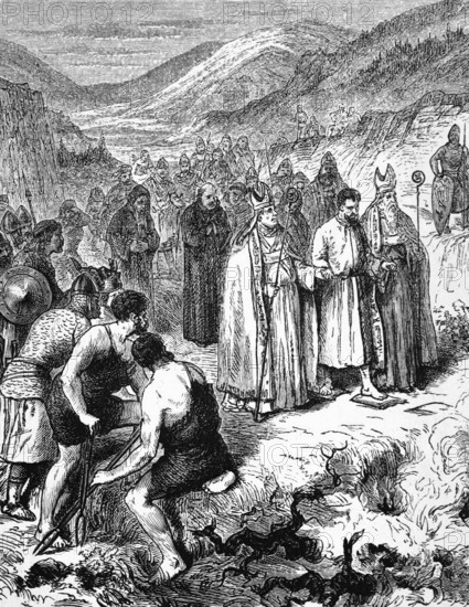 A trial by fire Walking on hot ploughshares to determine guilt for crimes, heresy, etc., 9th century, digital reproduction of a historical model