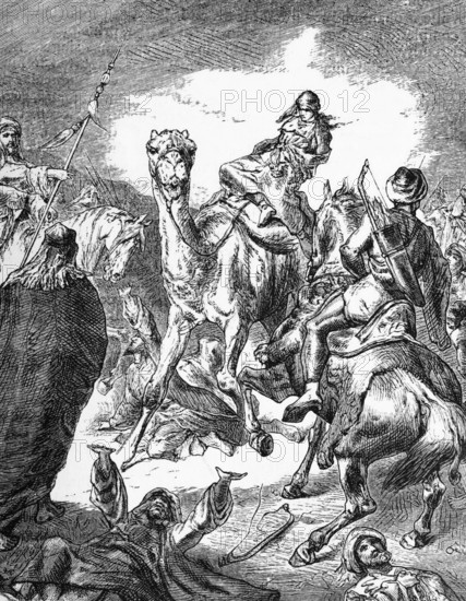 Ayesha (612 - 678 AD), a woman of Muhammad, is led into captivity by Ali during a battle in the Valley of the Lion near the village of Khuraiba outside Basra, Iraq, digital reproduction of a historical model