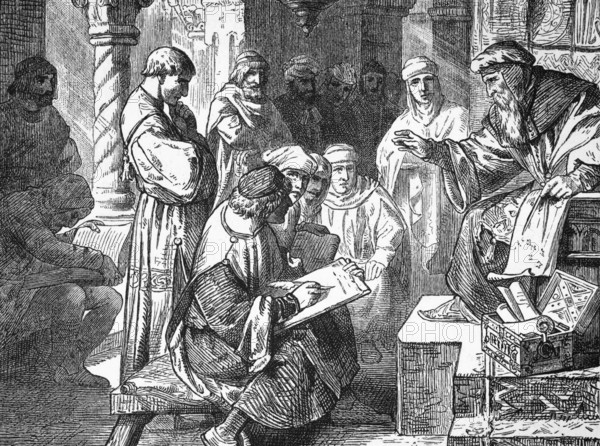 Arabs learning in a school in Cordoba, 10th century AD, digital reproduction of a historical model