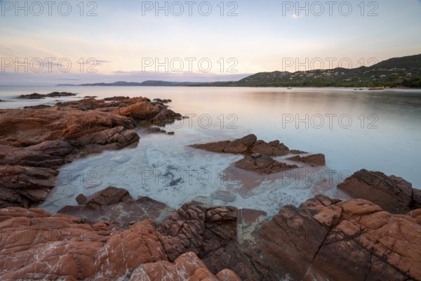 Rocky coast, sunrise, Plage de Palombaggia, Corsica, France