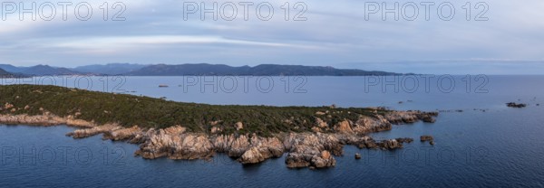 Aerial view, rocky coast near Porto Pollo, Corsica, France