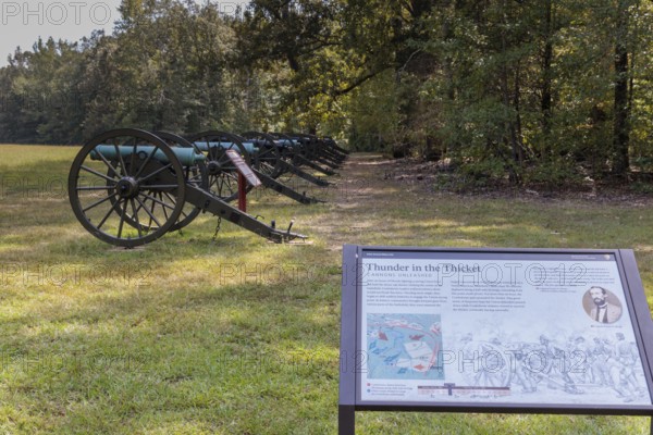 Sign on the battlefield tells visitors the history of the Battle of Shiloh at the Shiloh National Military Park in Pittsburg Landing, Tennessee