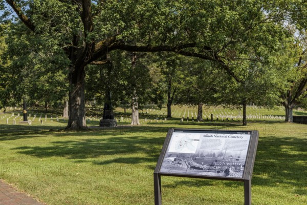 Sign tells the history of the US National Cemetery in Shiloh National Military Park near Shiloh, Tennessee