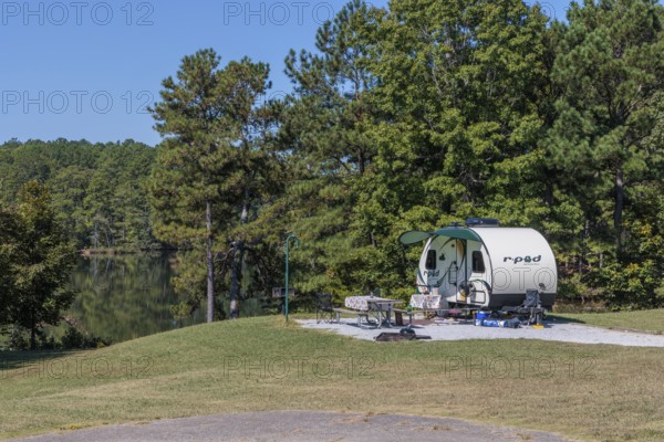 R-pod camper set up in camp site at the Pin Oak Campground in Natchez Trace State Park near Wildersville, Tennessee