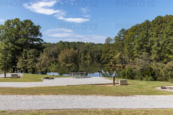Campsite on Pin Oak Lake at the Pin Oak Campground in Natchez Trace State Park near Wildersville, Tennessee