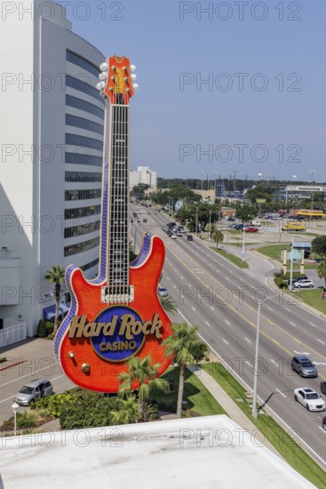 Neon guitar sign in front of the Hard Rock Casino along Highway 90 in Biloxi, Mississippi