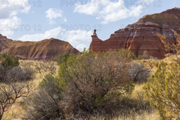 The Lighthouse rock hoodoo behind a field of grass and shrubs at Palo Duro Canyon State Park near Amarillo, Texas