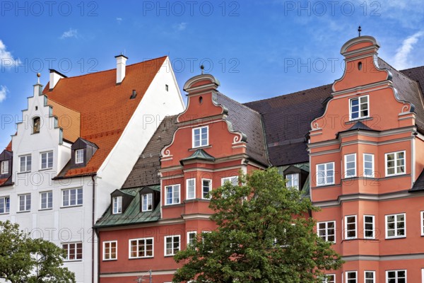 Multicoloured historic façade with ornate gables and windows, The town of Kempten im Allgäu