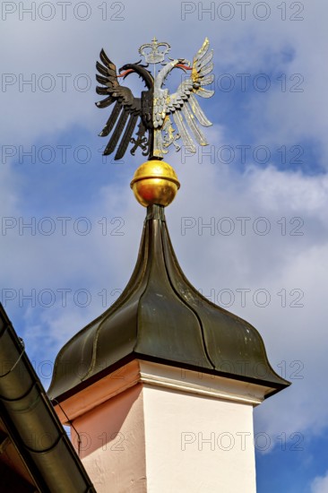 A wrought-iron heraldic animal on an onion dome in front of a blue sky with clouds, eagle figure on the spire in the town of Kempten in the Allgäu region