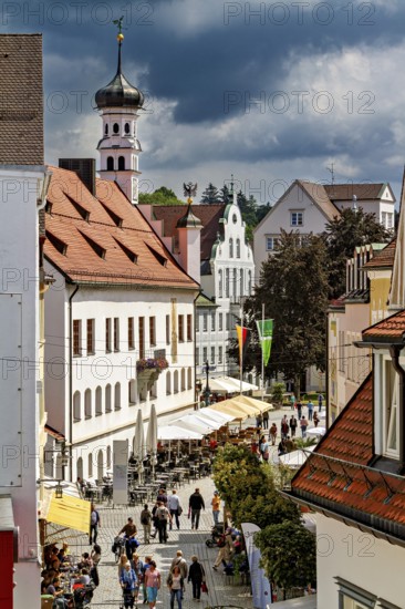 Lively historic pedestrian zone with church tower and street cafés, The town of Kempten im Allgäu