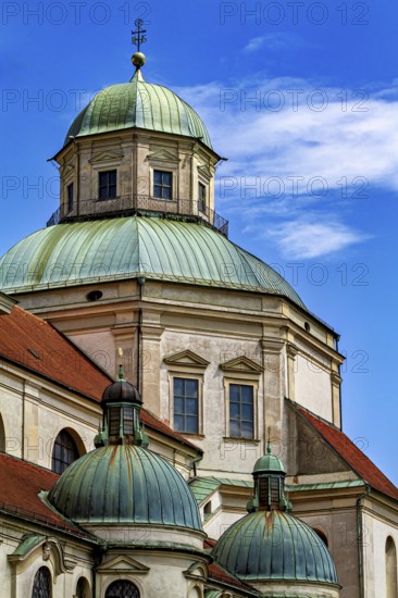 Baroque domes and tower in front of a blue sky with few clouds, The town of Kempten in the Allgäu