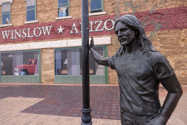 Statue of a man Standin' on a Corner in Winslow Arizona as sung in the classic Glenn Frey and Jackson Browne song