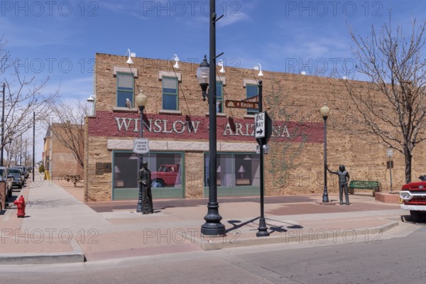 Statues of Glen Frey and a man Standin' on a Corner in Winslow Arizona as sung in the classic Glenn Frey and Jackson Browne song