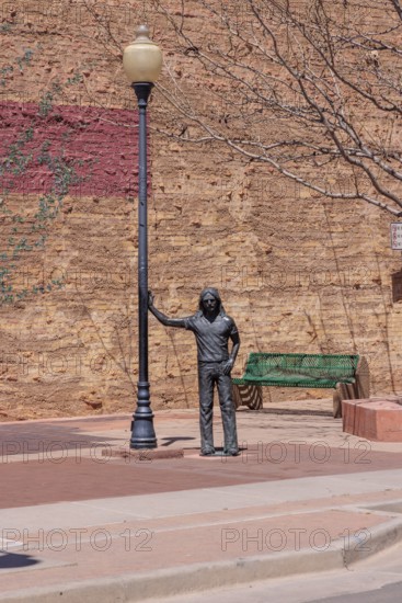 Statue of a man Standin' on a Corner in Winslow Arizona as sung in the classic Glenn Frey and Jackson Browne song
