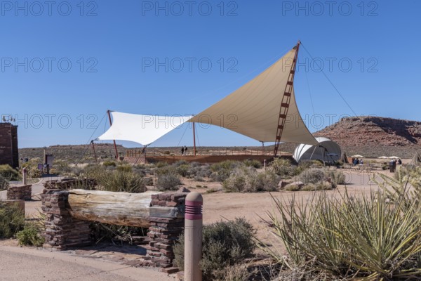 Shade structures provide visitors relief from the desert sun at Eagle Point in Grand Canyon West near Peach Springs, Arizona