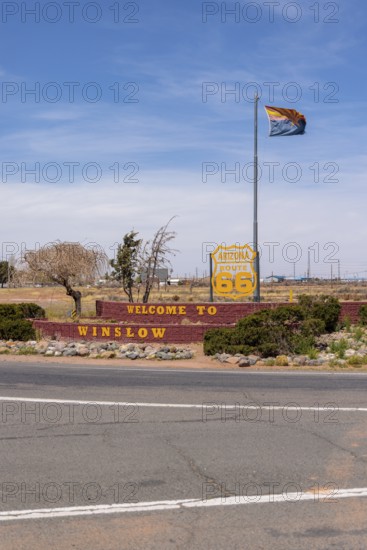 Sign on the eastern end of the city along historic Route 66 welcomes visitors to Winslow, Arizona