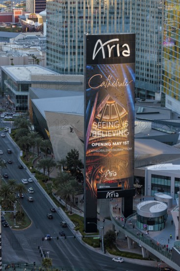 Large digital sign for the Aria resort and casino on the strip in Las Vegas, Nevada