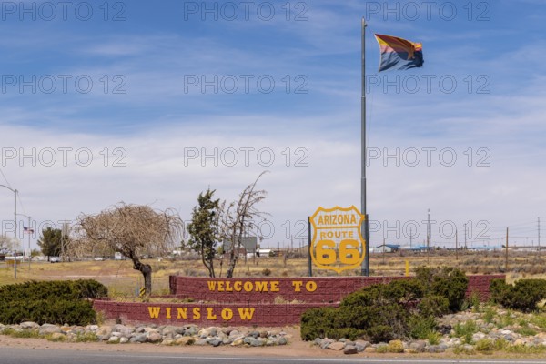 Sign on the eastern end of the city along historic Route 66 welcomes visitors to Winslow, Arizona