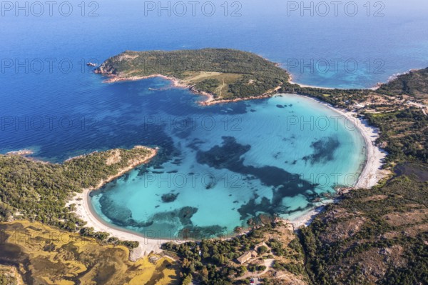 Aerial view, Plage de Rondinara, turquoise sea, sandy beach, bay, Corsica, France