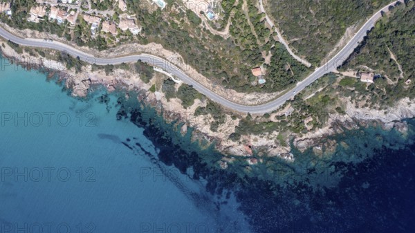 Aerial view, rocky coast and road, Corsica, France