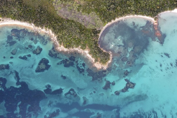 Aerial view, colourful rocks in the sea, rocky bay, turquoise sea, Corsica, France