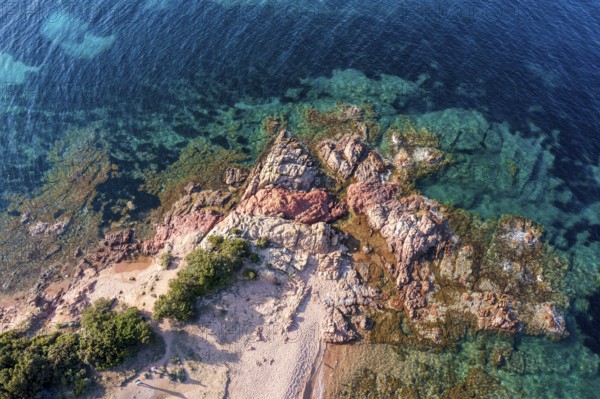 Aerial view, colourful rocks in the sea, rocky bay, Corsica, France