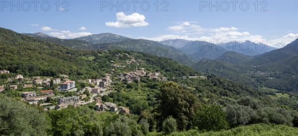 Typical mountain village surrounded by typical mountain landscape, Corsica, France