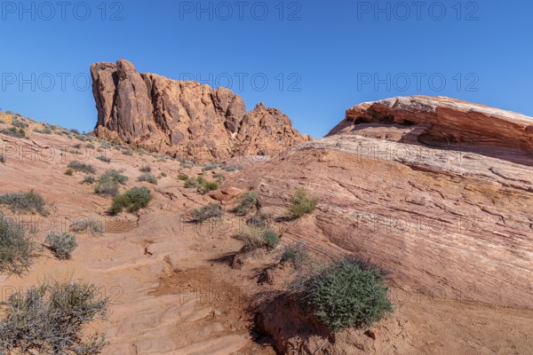 Layered rock formations along the Fire Wave Trail at Valley of Fire State Park near Overton, Nevada